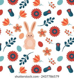 vector seamless pattern easter bunny with flower and eggs vintage 