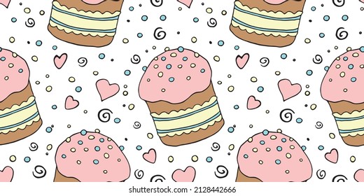 Vector seamless pattern with Easter cake, sweet bread or muffin. Colorful spring background and texture with traditional food in cartoon doodle flat style