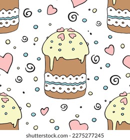 Vector seamless pattern with Easter cake, sweet bread or muffin. Colorful spring background and texture with traditional food in cartoon doodle flat style