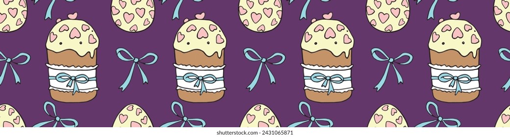 Vector seamless pattern with Easter cake, sweet bread or muffin. Colorful spring background and texture with traditional food in cartoon doodle flat style