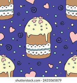 Vector seamless pattern with Easter cake, sweet bread or muffin. Colorful spring background and texture with traditional food in cartoon doodle flat style