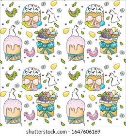 Vector seamless pattern with easter cakes, eggs, leaves and flowers seasonal traditional spring background. Bright colorful easter background