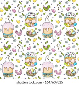 Vector seamless pattern with easter cakes, eggs, rabbit, ducks, birds, leaves and flowers seasonal traditional spring background. Bright colorful easter background
