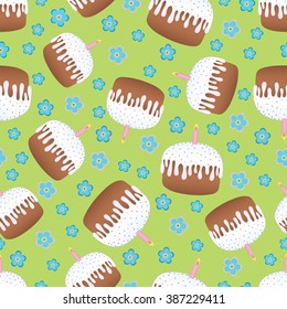 Vector seamless pattern with easter cakes and flowers