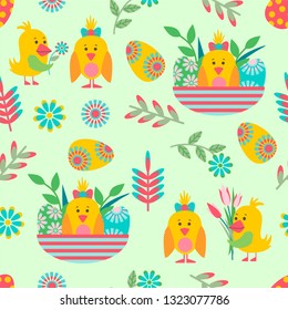 Vector seamless pattern for Easter with chicken, eggs, busket, frolar elements