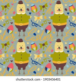 Vector seamless pattern, Easter chicken in a hat with a flower, colorful ribbons, Easter eggs, flowers, hearts, bows. Lettering Easter. Gray background. Light beige background.