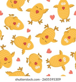 Vector seamless pattern with Easter chickens. Easter egg hunt invitation template on white background. Wallpaper and packaging design. Image of chickens in different poses