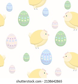 Vector Seamless Pattern For Easter With Cute Chick And Colorful Eggs, Cute Vector Repeating Print For Holiday Gift Wrap