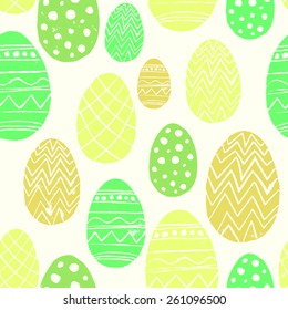 Vector seamless pattern for easter. Decorated eggs with patterns and drawings. Cute and bright colorful pattern for your design