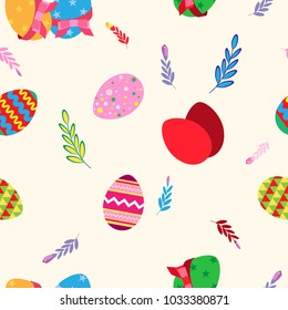 Vector seamless pattern, easter eggs in a flat style and stylized plants