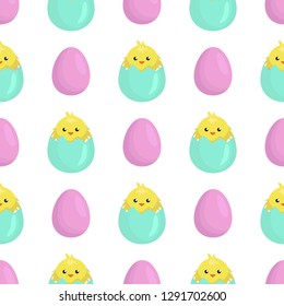 Vector seamless pattern with Easter eggs and cute chickens. Design for Easter. Perfect for wrapping paper or fabric.