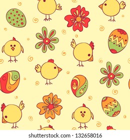 Vector Seamless Pattern with easter eggs and fun chicken. Packing Paper for Easter