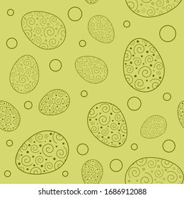 Vector seamless pattern with easter eggs and geometric elements on a green background. Ornamental image for Easter celebration. Picture for packaging and textiles. Easter card