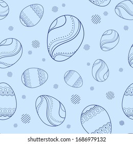 Vector seamless pattern with easter eggs with geometric elements on a blue background. Ornamental image for Easter celebration. Picture for packaging and textiles. Easter card