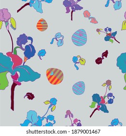 Vector seamless pattern with Easter eggs and irises in Art Deco