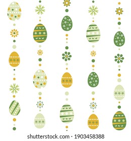 Vector seamless pattern with Easter eggs, flowers and dots in green, gray and yellow color in flat style. Easter eggs in flat style on a white background. Geometric pattern for Easter decor.