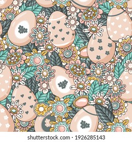 Vector seamless pattern from Easter eggs and flowers. Easter eggs. Traditional Easter ornament. Happy easter. Hand-drawn. Vector illustration.