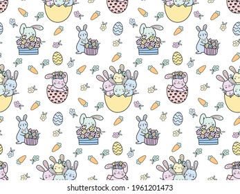 Vector seamless pattern with Easter eggs, colored bunnies, flowers, seasonal traditional spring background. Bright stylish Easter pattern on a light background