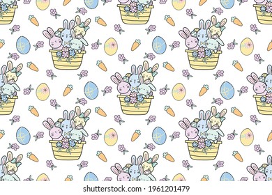 Vector seamless pattern with Easter eggs, colored bunnies, flowers, carrots, seasonal traditional spring background. Bright stylish Easter pattern on a light background