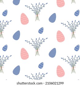  Vector seamless pattern with Easter eggs and willow bouquet. Cute childish Easter pattern.