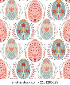 Vector seamless pattern with Easter eggs with a folk pattern and floral ornaments. Gentle texture with festive treat with a folk decoration on white background. Backdrop for fabrics and wallpapers