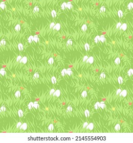 Vector seamless pattern with easter eggs hiden in grass. Easter meadow