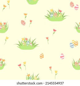 Vector seamless pattern with easter eggs hiden in grass, flovers and painted eggs.