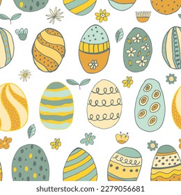 Vector seamless pattern from Easter eggs and flowers. Easter eggs. Traditional Easter ornament. Happy easter. Hand-drawn. Vector illustration.