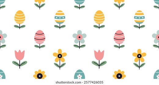 Vector seamless pattern with easter eggs shaped like a flower. Funny easter eggs flowers on white background in flat design. Wrapping paper design. Easter cute spring seamless pattern illustration.