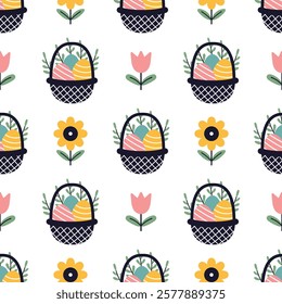 Vector seamless pattern with easter eggs in basket. Cute basket filled with colorful easter eggs and flowers on white background in flat design. Wrapping paper design. Easter seamless pattern.