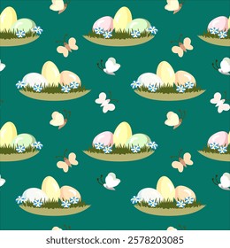 Vector - seamless pattern of easter eggs with butterfly insects.