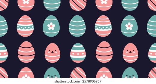 Vector seamless pattern with easter eggs. Cute easter eggs on dark background in flat design. Wrapping paper or fabric design. Easter springtime seamless pattern illustration.