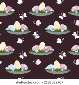 Vector - seamless pattern of easter eggs with butterfly insects.