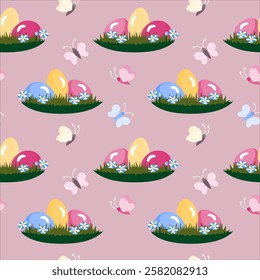 Vector - seamless pattern of easter eggs with butterfly insects.