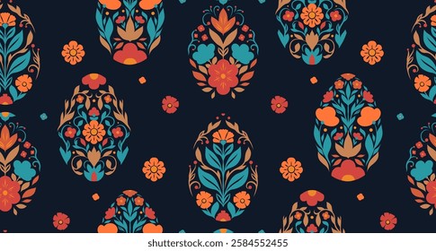 Vector seamless pattern with Easter eggs in folk art style on dark background. Texture with decorative holiday eggs. Wallpaper with spring treats with floral ornament. Background for fabrics