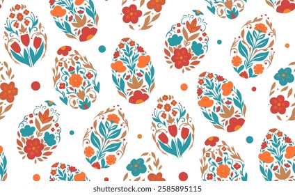 Vector seamless pattern with Easter eggs in folk art style on white background. Texture with decorative holiday eggs. Wallpaper with spring floral ornament. Background for fabrics