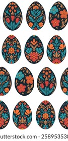 Vector seamless pattern with Easter eggs silhouettes in folk art style on white background. Decorative texture with holiday eggs. Background with spring floral ornament for fabrics and wallpapers