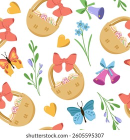 Vector seamless pattern with Easter eggs in a basket and butterflies. Easter egg hunt invitation template on a white background. Wallpaper and packaging design. Image of eggs and butterflies with bell