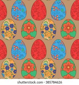 Vector seamless pattern. Easter, eggs, Easter eggs. Beige background