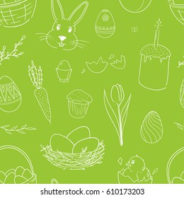 Vector seamless pattern for Easter with eggs, rabbit, nest, chicken and flowers. Green and white wrapping paper for Easter.