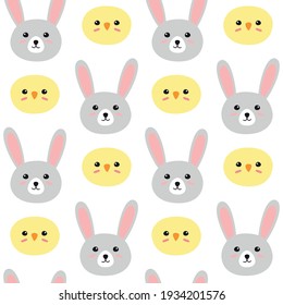Vector seamless pattern of easter hand drawn doodle flat chick and rabbit face isolated on white background