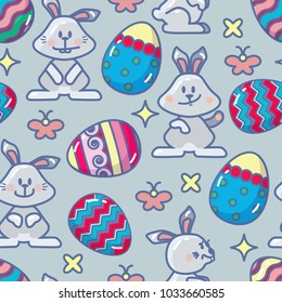 Vector seamless pattern with Easter icon. Abstract colorful Egg and Bunny in outline style isolated on blue background. Holiday vector background in flat design.