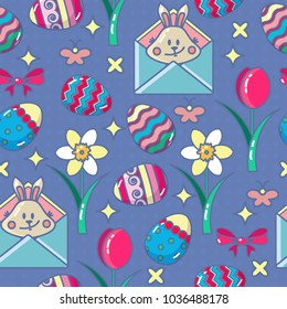 Vector seamless pattern with Easter icon. Abstract colorful Egg, Bunny in envelope, flower, bow in outline style isolated on blue. Holiday vector background in flat design.
