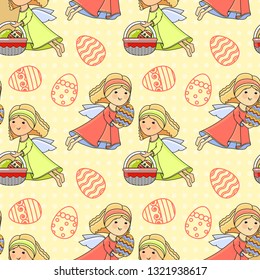 Vector seamless pattern with Easter icon. Colorful Egg, and Angel in flat style on yellow background. Holiday vector background for printing on fabric, paper for scrapbooking, gift wrap.
