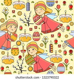 Vector seamless pattern with Easter icon. Colorful Egg, cake, flower and Angel in flat style on yellow background. Holiday vector background for printing on fabric, paper for scrapbooking, gift wrap.