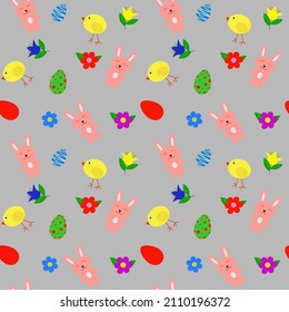 Vector seamless pattern for easter. Easter illustration on a transparent background. Easter Bunny, eggs, chick and flowers.