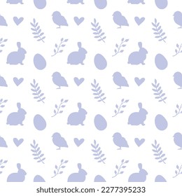 Vector seamless pattern of Easter rabbit and chick silhouette isolated on white background