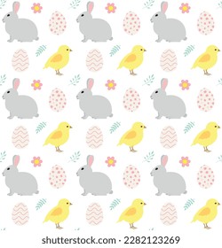 Vector seamless pattern of Easter rabbit chick and eggs isolated on white background