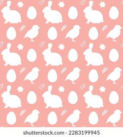 Vector seamless pattern of Easter rabbit chick and eggs silhouette isolated on pink background