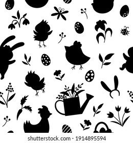Vector seamless pattern with Easter silhouettes. Vector repeating background with cute bunny, eggs, bird, chicks, basket black shadows. Spring funny digital paper. Adorable holiday texture
